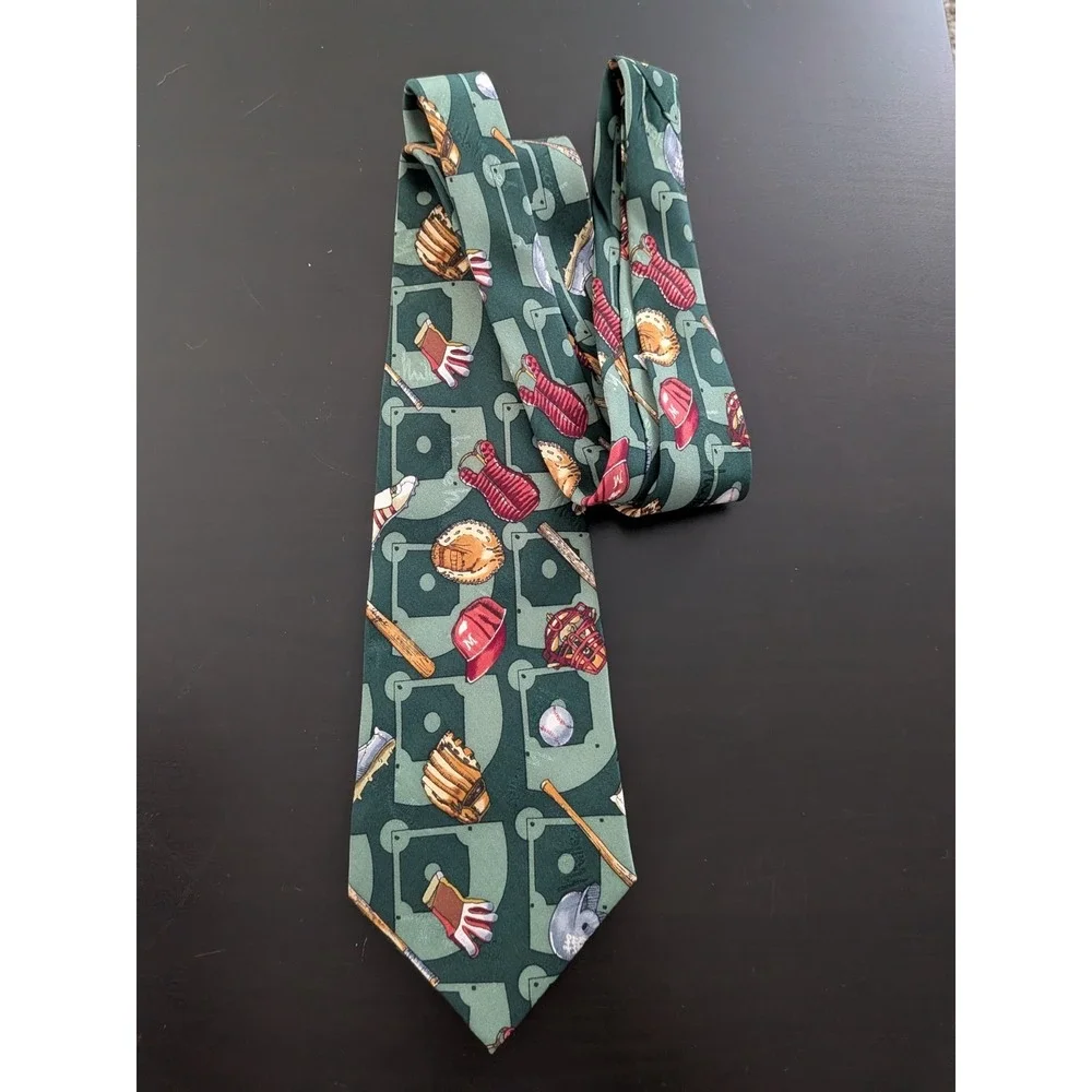 Nicole Miller Tie Silk Korea Made Baseball Design All Over Green 54